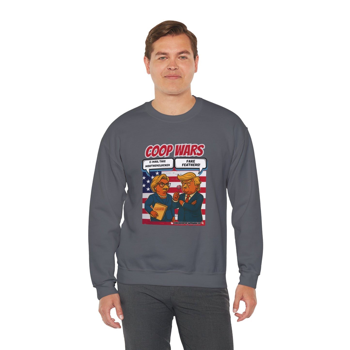 Coop Wars Crewneck Sweatshirt – Funny Political Graphic Pullover | Unisex Heavy Blend with ChickenPop Logo | Ethically Made & Cozy Cold-Weather Humor
