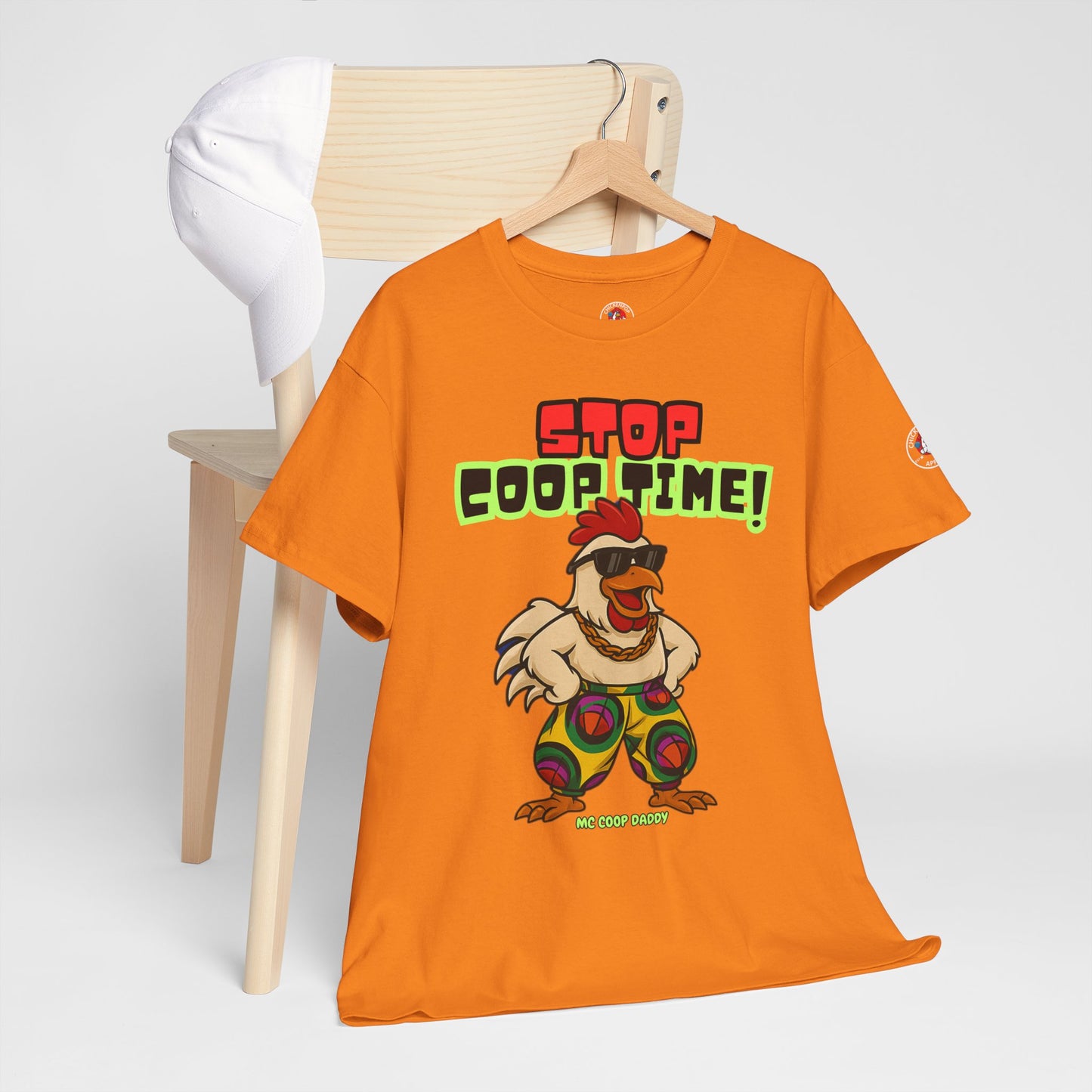 Stop COOP TIME! Funny Chicken T-Shirt – MC Coop Daddy 90s Hip Hop Parody Tee | Unisex Heavy Cotton | ChickenPop Apparel