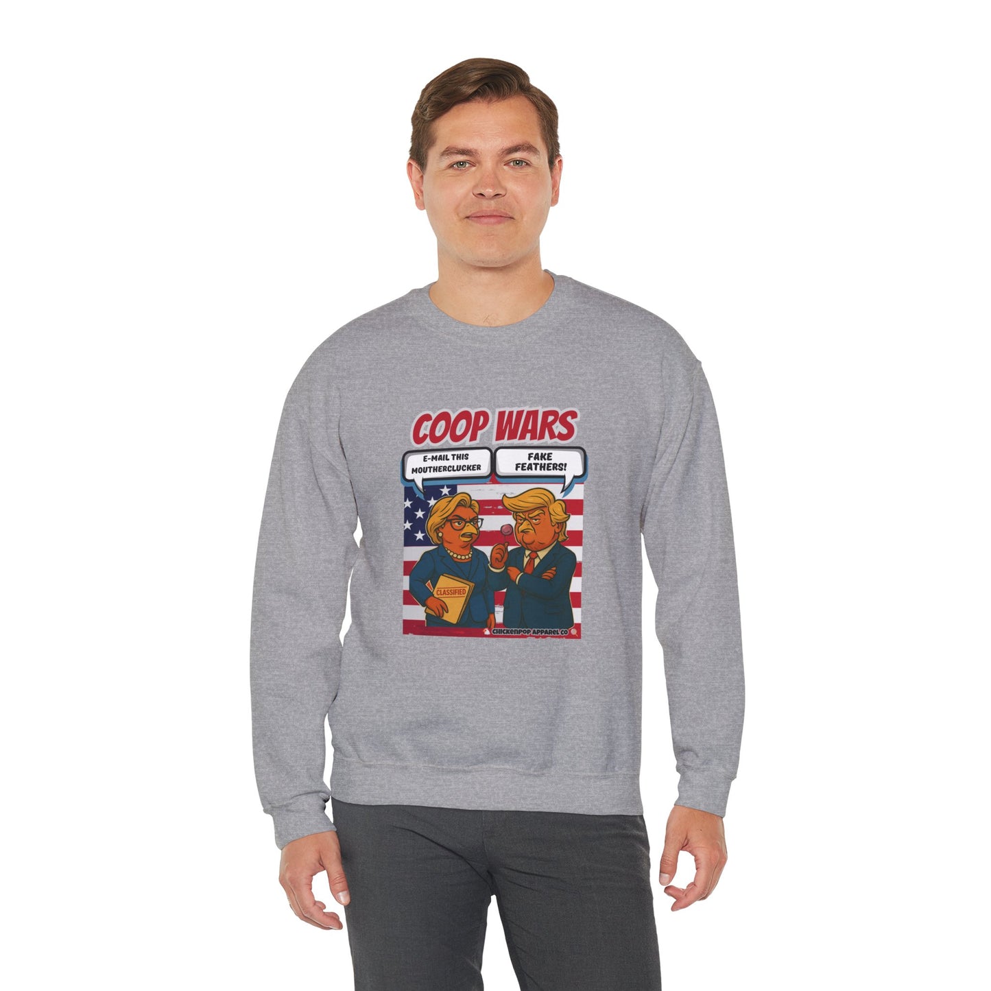 Coop Wars Crewneck Sweatshirt – Funny Political Graphic Pullover | Unisex Heavy Blend with ChickenPop Logo | Ethically Made & Cozy Cold-Weather Humor