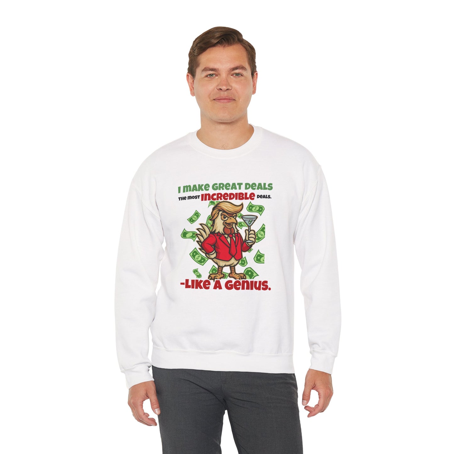 Like A Genius Crewneck Sweatshirt – Funny Political Graphic Pullover | Unisex Heavy Blend with ChickenPop Logo | Ethically Made & Cozy Cold-Weather Humor