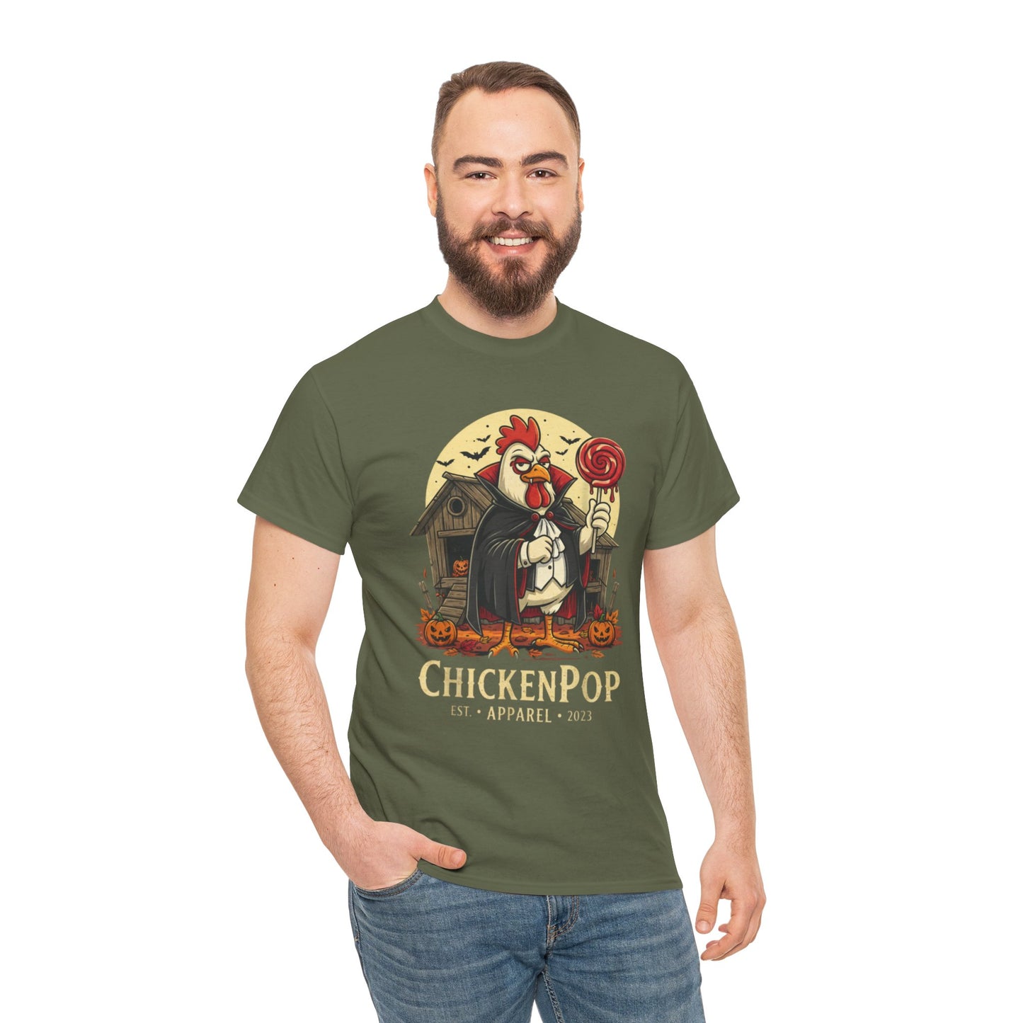 ChickenPop Sucker For a Pop Vampire Rooster Halloween T-Shirt – Funny Spooky Graphic Tee for Fall & Costume Season