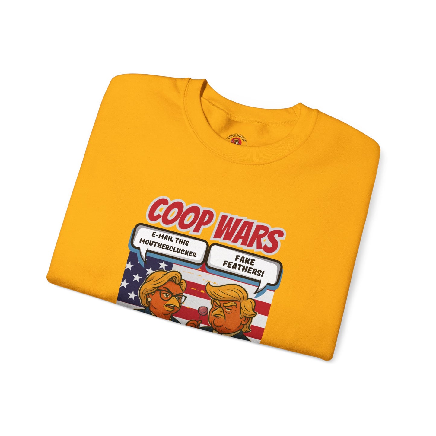 Coop Wars Crewneck Sweatshirt – Funny Political Graphic Pullover | Unisex Heavy Blend with ChickenPop Logo | Ethically Made & Cozy Cold-Weather Humor