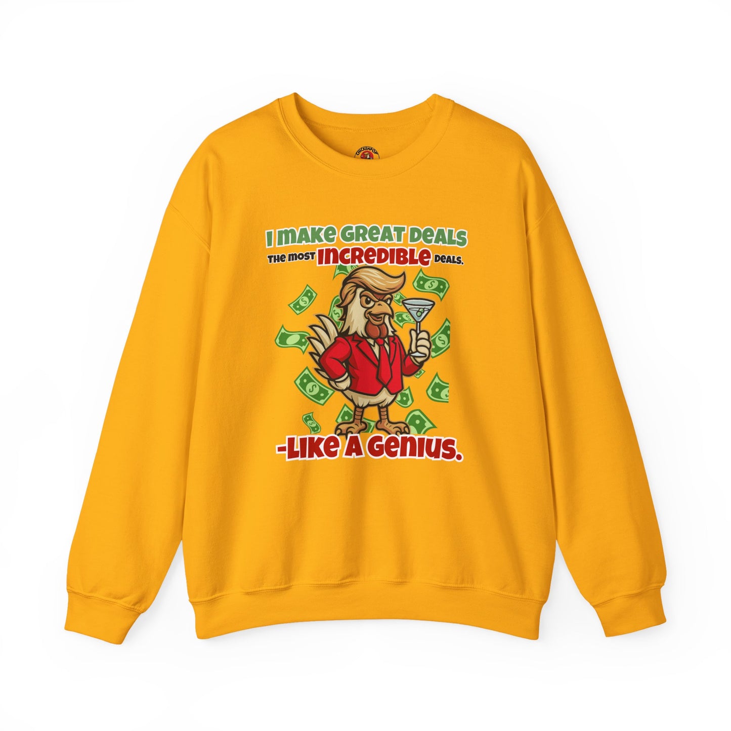 Like A Genius Crewneck Sweatshirt – Funny Political Graphic Pullover | Unisex Heavy Blend with ChickenPop Logo | Ethically Made & Cozy Cold-Weather Humor