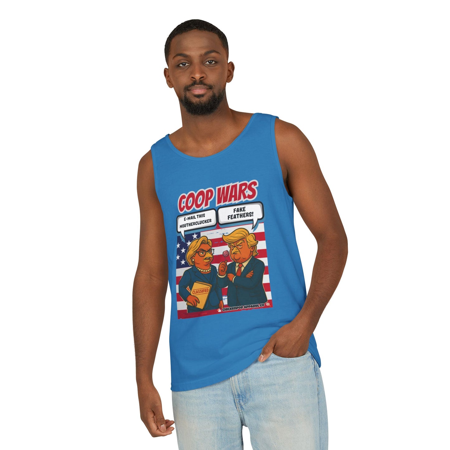 Coop Wars™ Unisex Tank Top – Hilaregg Cluckton vs. Cock-a-Doodle-Don | Political Satire Sleeveless Tee