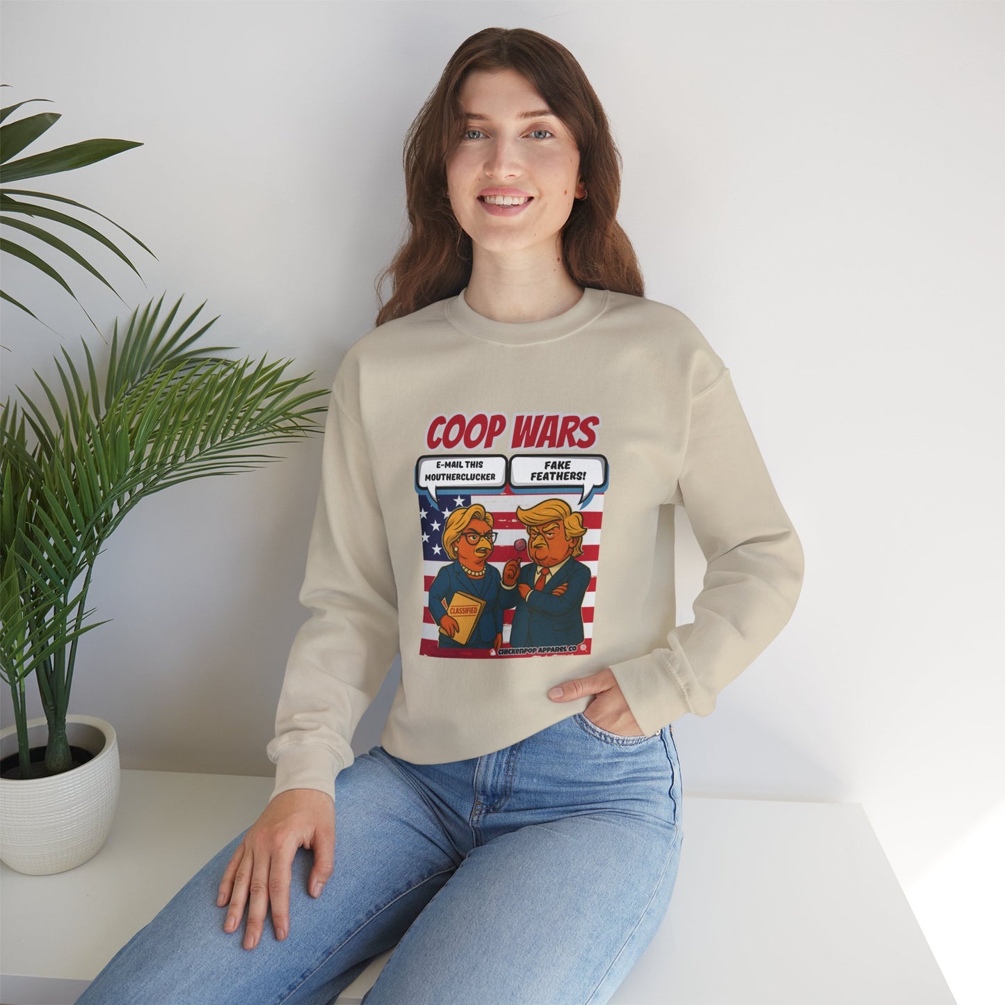 Coop Wars Crewneck Sweatshirt – Funny Political Graphic Pullover | Unisex Heavy Blend with ChickenPop Logo | Ethically Made & Cozy Cold-Weather Humor