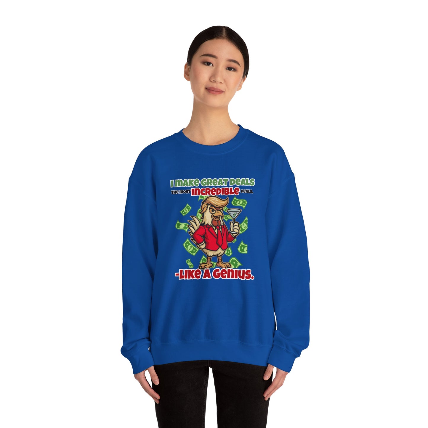 Like A Genius Crewneck Sweatshirt – Funny Political Graphic Pullover | Unisex Heavy Blend with ChickenPop Logo | Ethically Made & Cozy Cold-Weather Humor