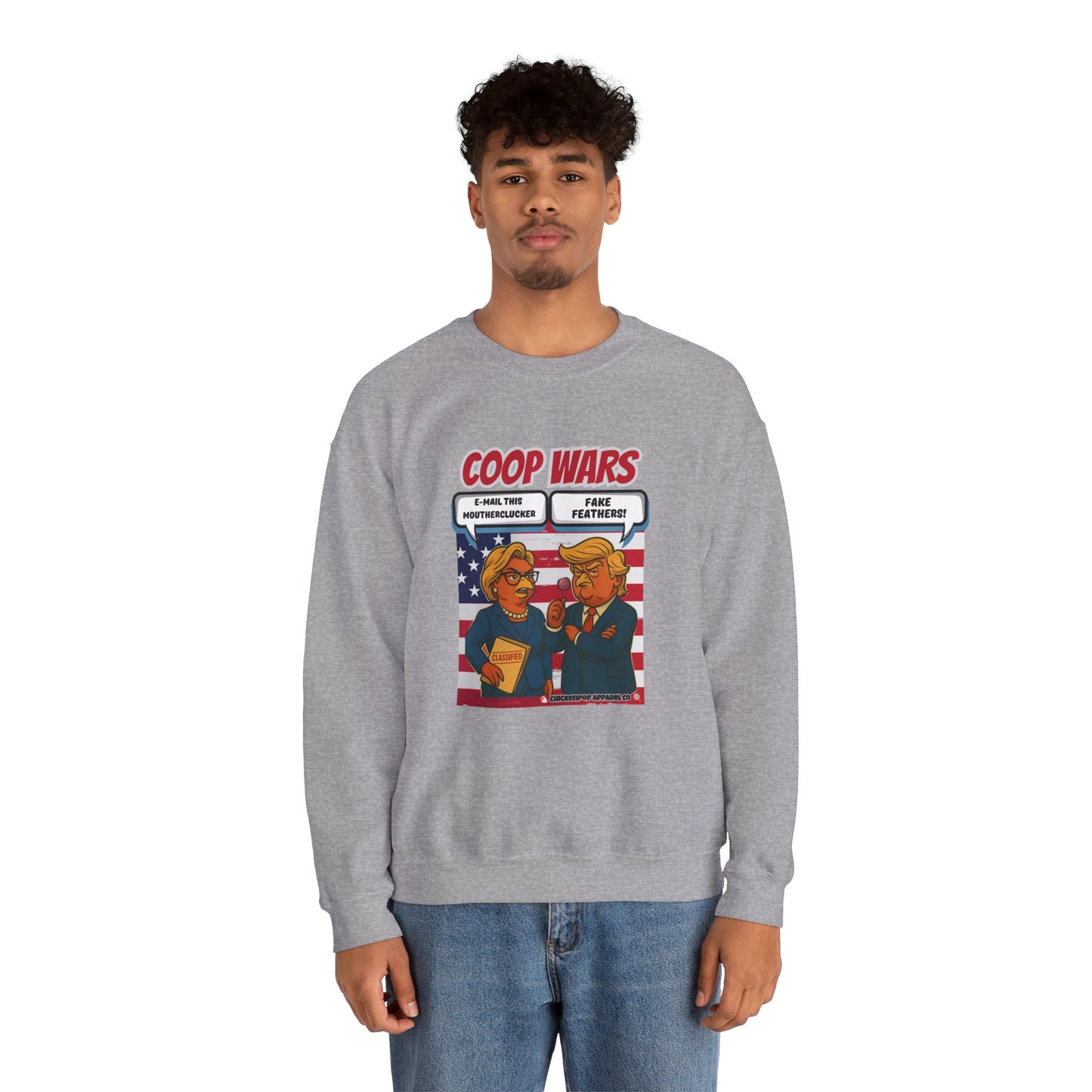 Coop Wars Crewneck Sweatshirt – Funny Political Graphic Pullover | Unisex Heavy Blend with ChickenPop Logo | Ethically Made & Cozy Cold-Weather Humor