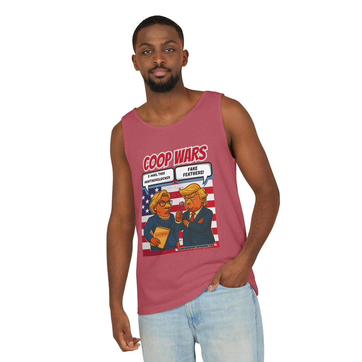Coop Wars™ Unisex Tank Top – Hilaregg Cluckton vs. Cock-a-Doodle-Don | Political Satire Sleeveless Tee
