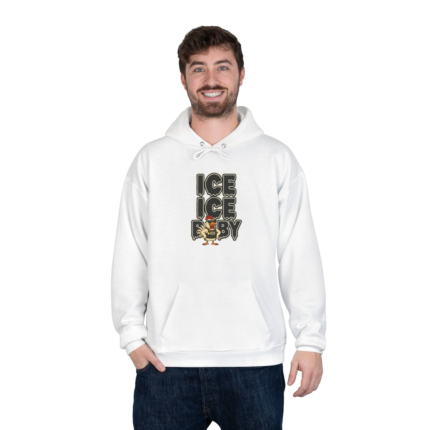 ICE ICE BABY Funny Chicken Hoodie – Retro Hip-Hop Pullover for Music Fans, Students & Cold-Weather Comedians