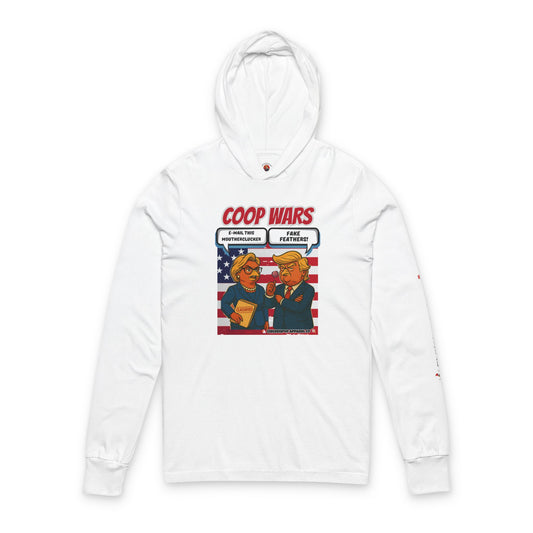 Coop Wars Long Sleeve Hooded T-Shirt – Unisex Lightweight Hoodie Tee with ChickenPop Sleeve Logo | Funny Political Graphic Pullover for Everyday Rebels