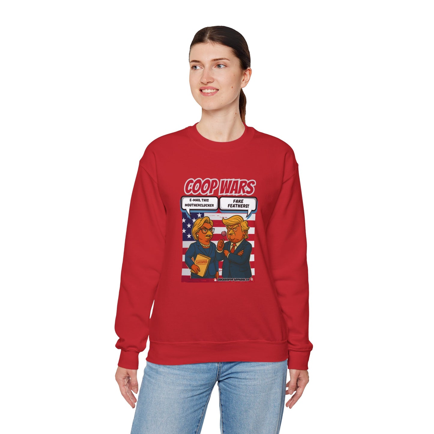 Coop Wars Crewneck Sweatshirt – Funny Political Graphic Pullover | Unisex Heavy Blend with ChickenPop Logo | Ethically Made & Cozy Cold-Weather Humor