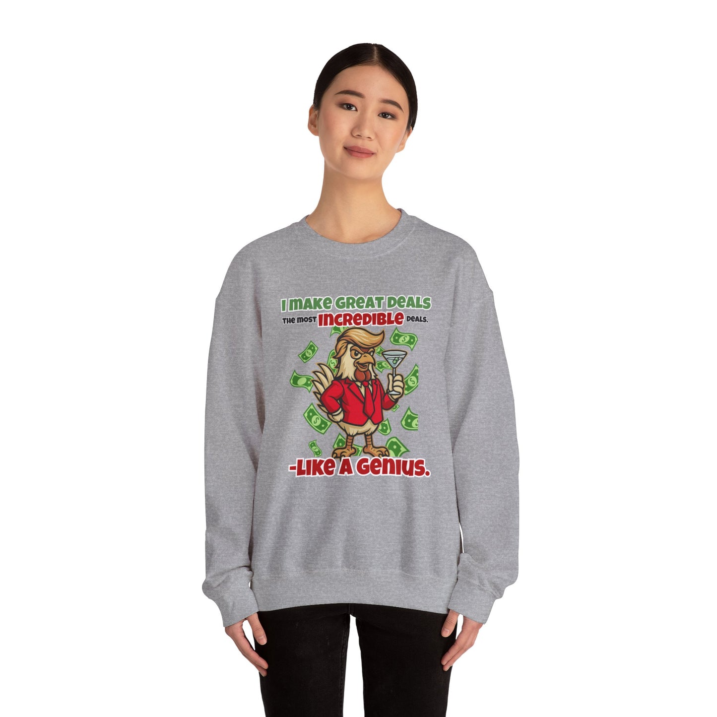 Like A Genius Crewneck Sweatshirt – Funny Political Graphic Pullover | Unisex Heavy Blend with ChickenPop Logo | Ethically Made & Cozy Cold-Weather Humor