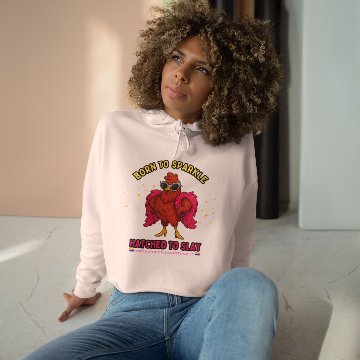 Glitter Chick Crop Hoodie - Born to Sparkle and Hatched to Slay - Pride Month Collection