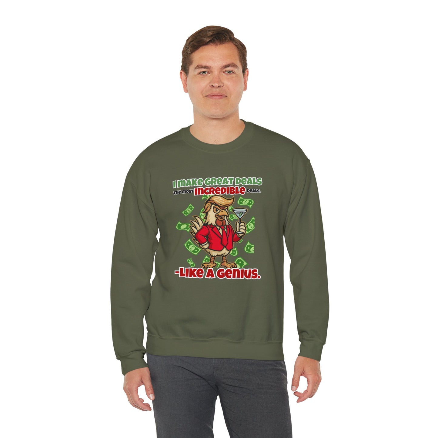 Like A Genius Crewneck Sweatshirt – Funny Political Graphic Pullover | Unisex Heavy Blend with ChickenPop Logo | Ethically Made & Cozy Cold-Weather Humor