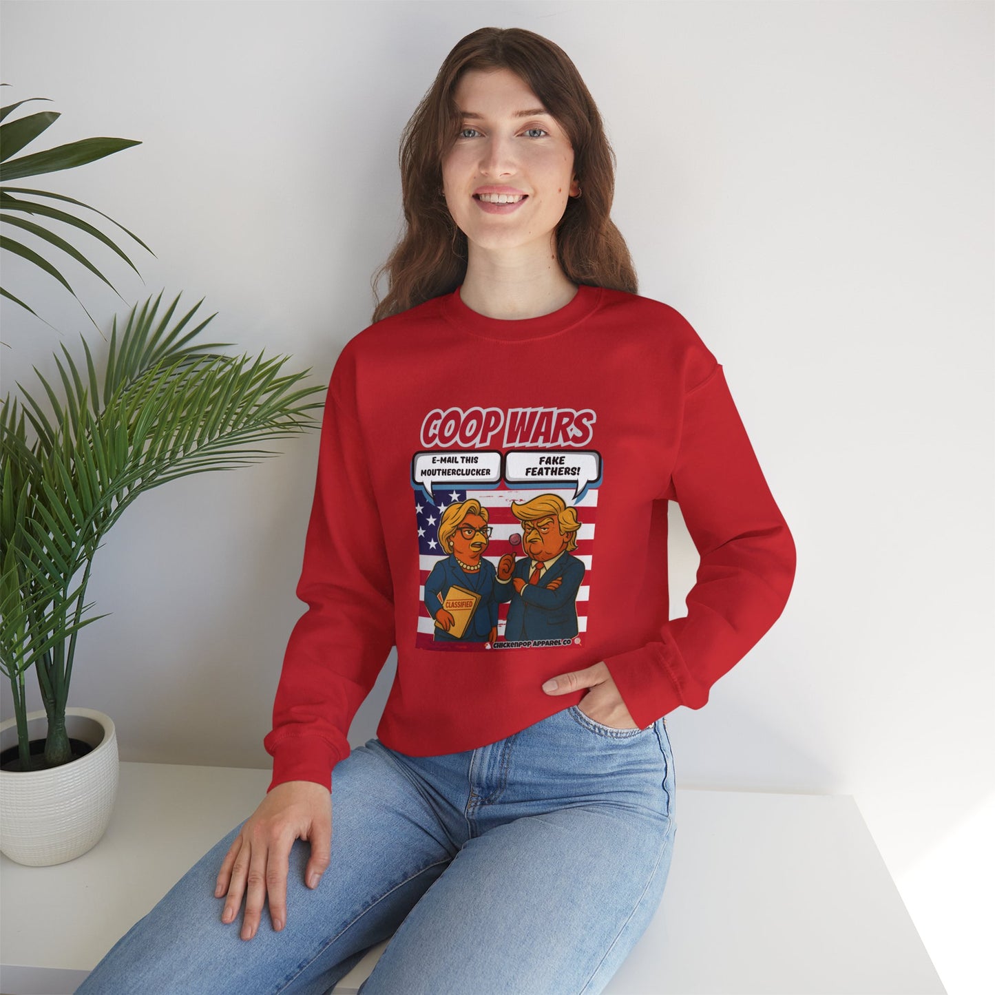 Coop Wars Crewneck Sweatshirt – Funny Political Graphic Pullover | Unisex Heavy Blend with ChickenPop Logo | Ethically Made & Cozy Cold-Weather Humor
