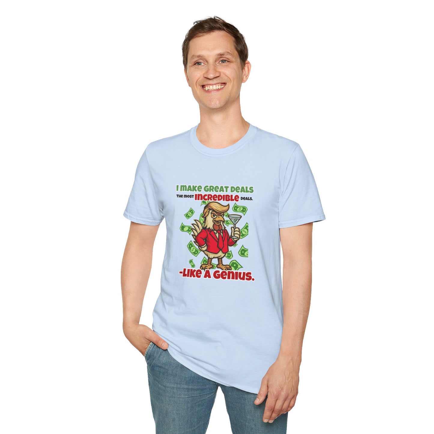 Cock-a-Doodle-Don “Like a Genius” Money Deal Rooster Tee – Funny Political Satire Shirt | ChickenPop Apparel Co.