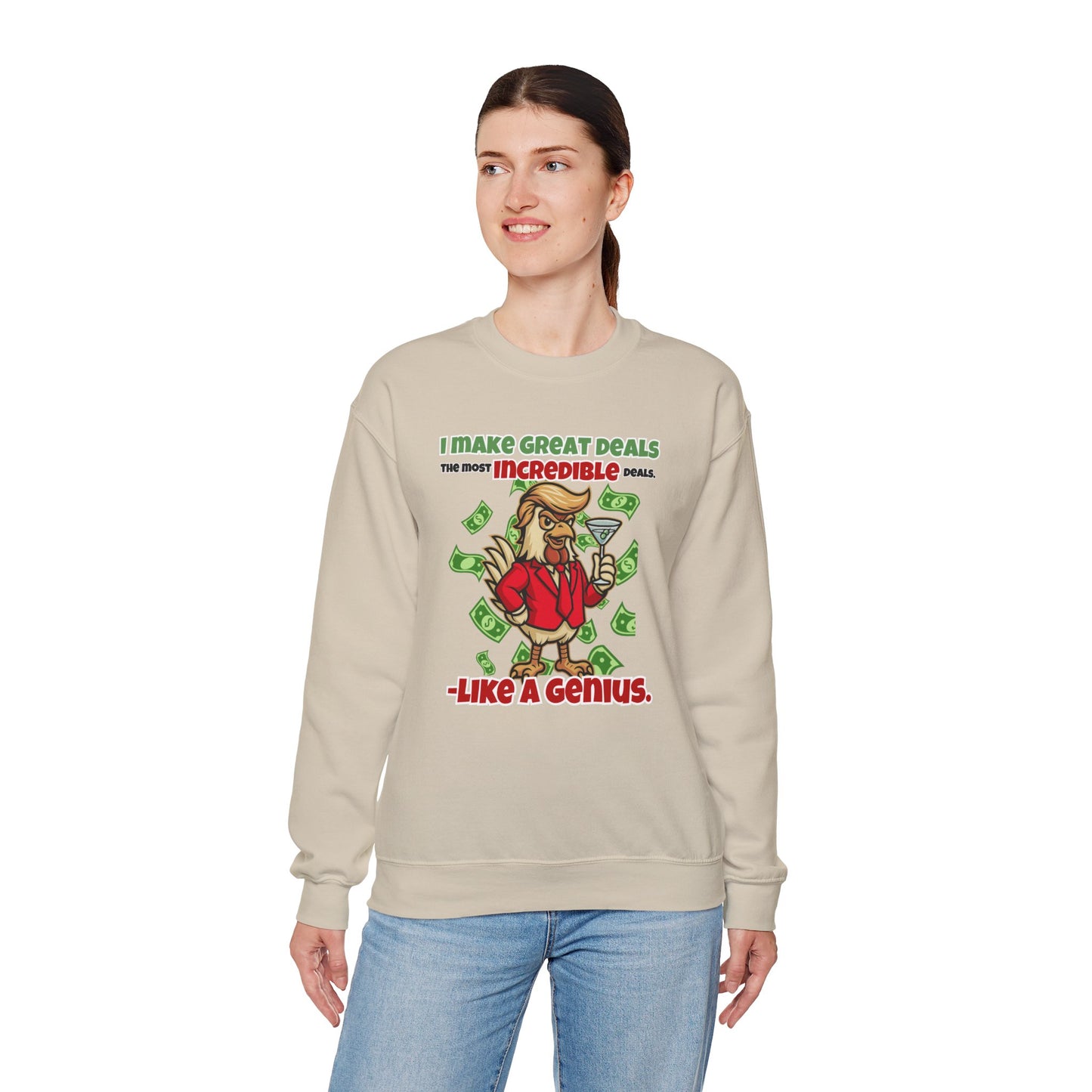Like A Genius Crewneck Sweatshirt – Funny Political Graphic Pullover | Unisex Heavy Blend with ChickenPop Logo | Ethically Made & Cozy Cold-Weather Humor