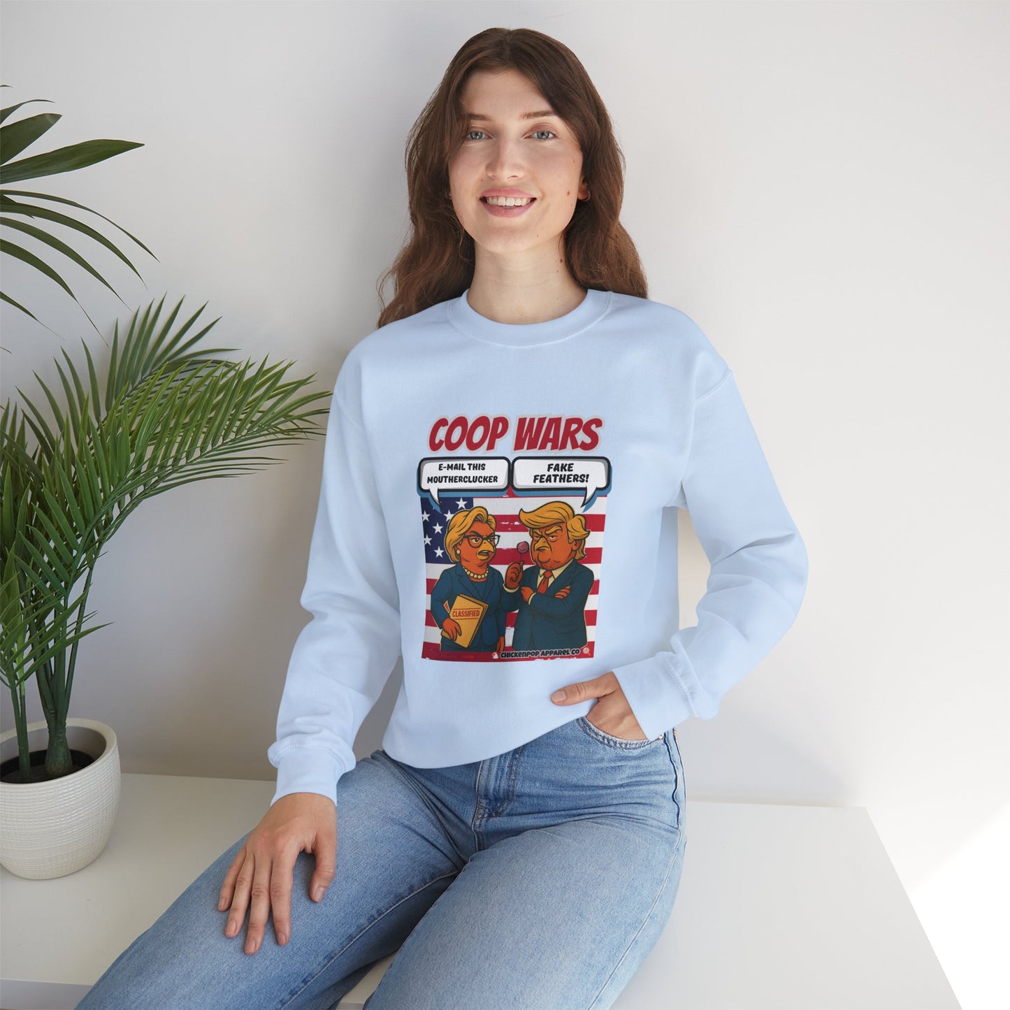 Coop Wars Crewneck Sweatshirt – Funny Political Graphic Pullover | Unisex Heavy Blend with ChickenPop Logo | Ethically Made & Cozy Cold-Weather Humor