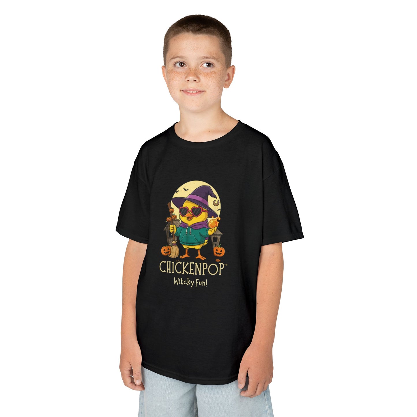 Sunny the Witchy Chick Kid’s Halloween Tee | ChickenPop Lil’ Cluckers Wicktastic Fun Shirt