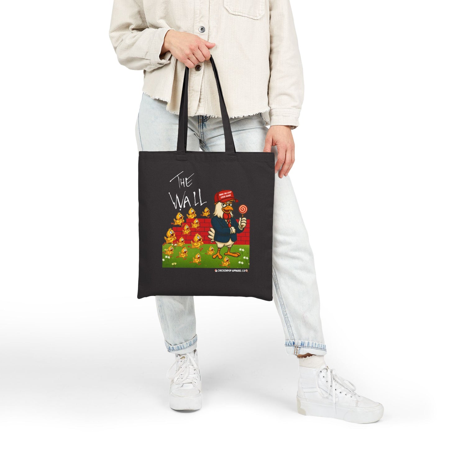 Another Chick Thru The Wall Canvas Tote Bag – Funny Political Chicken Graphic | Heavy-Duty Cotton in Natural or Black | Reusable Eco Satire Shopper