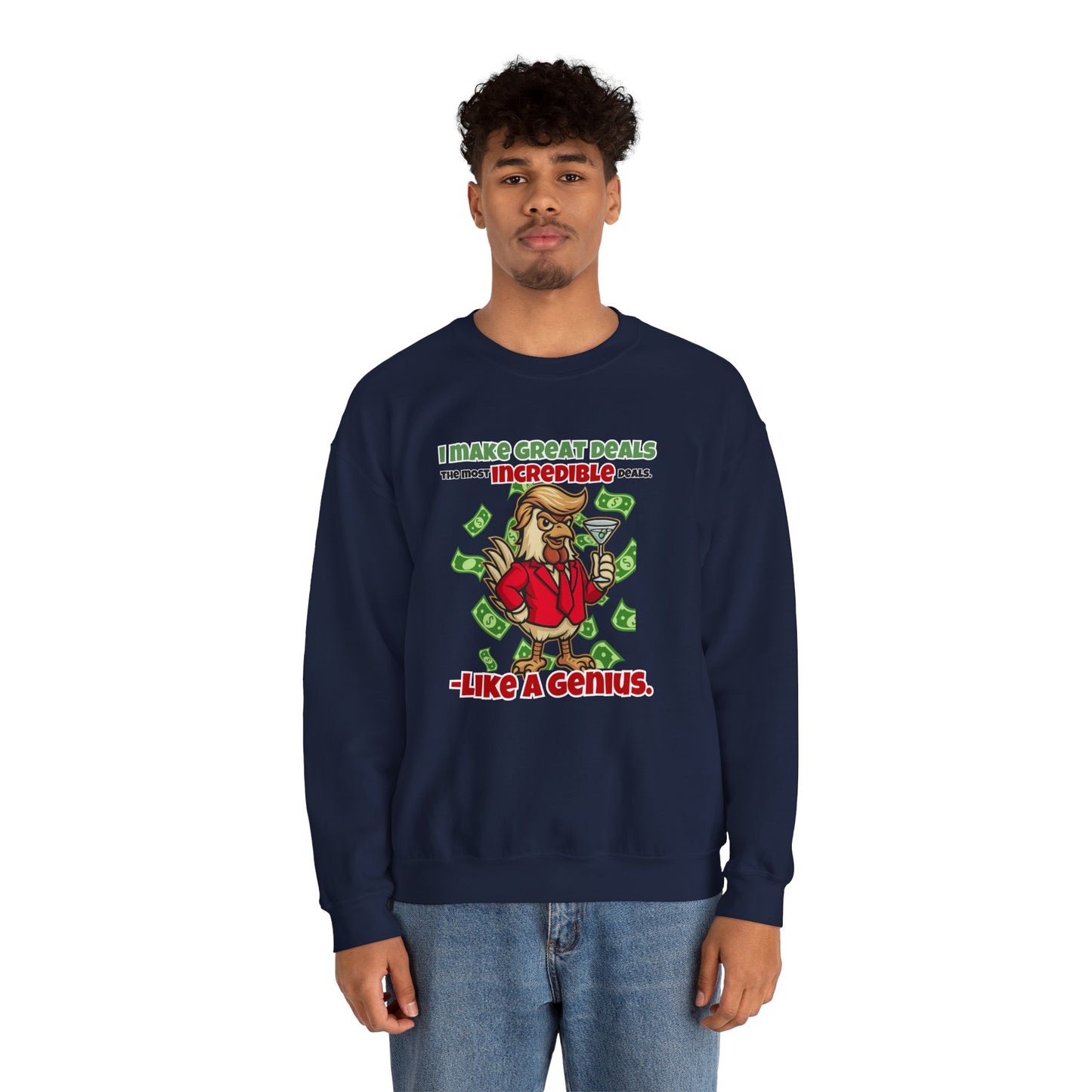 Like A Genius Crewneck Sweatshirt – Funny Political Graphic Pullover | Unisex Heavy Blend with ChickenPop Logo | Ethically Made & Cozy Cold-Weather Humor