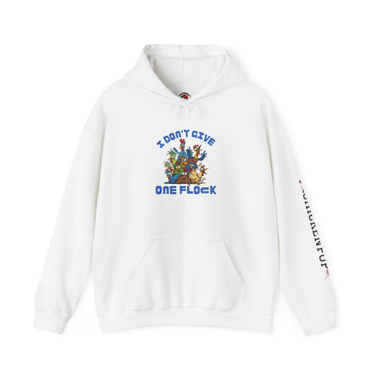 I Don’t Give One Flock Hoodie – Funny Chicken Hoodie with ChickenPop Arm Logo, Unisex Graphic Sweatshirt, Cozy Meme Streetwear Gift
