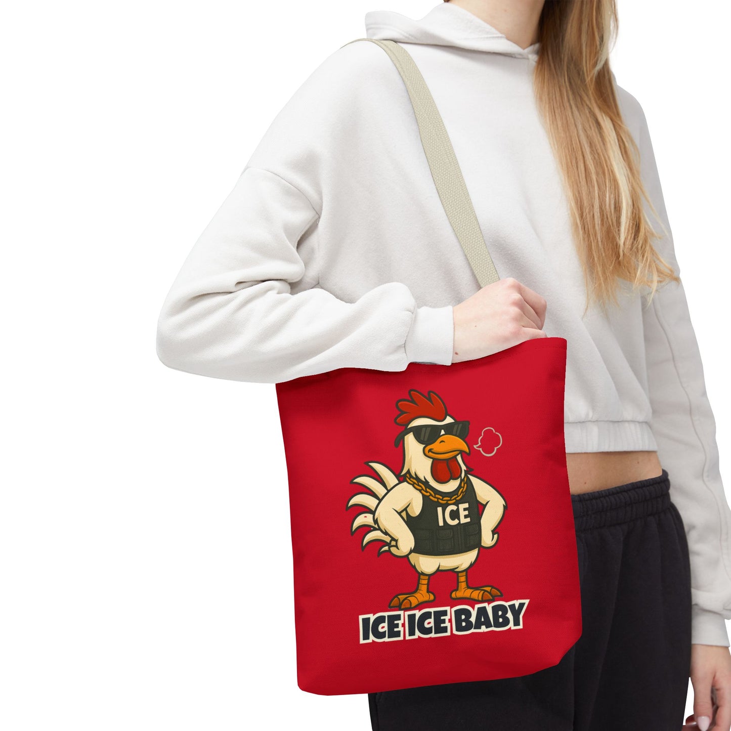 Ice Ice Baby Chicken Tote Bag – Funny Coop Daddy Design, Bold Red Reusable Shopping Bag