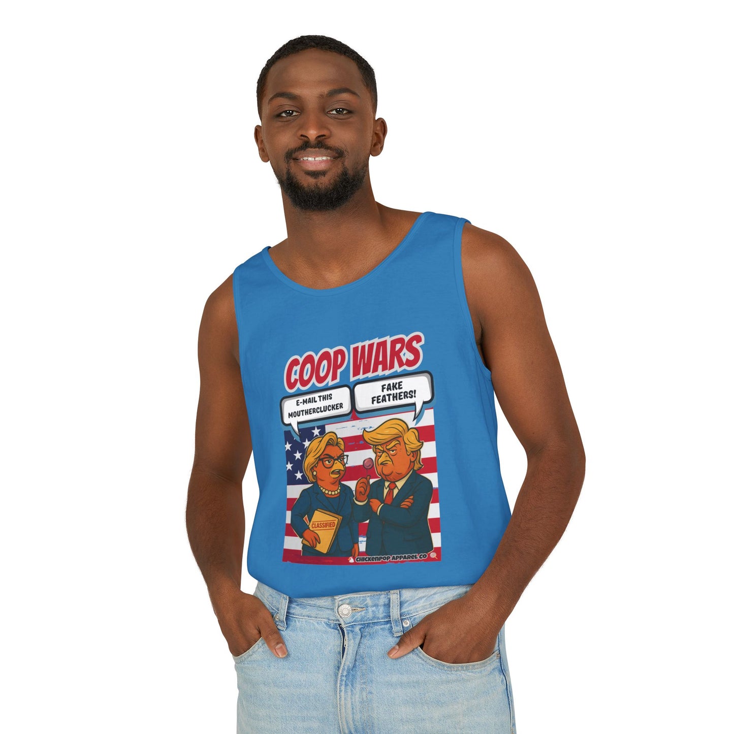 Coop Wars™ Unisex Tank Top – Hilaregg Cluckton vs. Cock-a-Doodle-Don | Political Satire Sleeveless Tee
