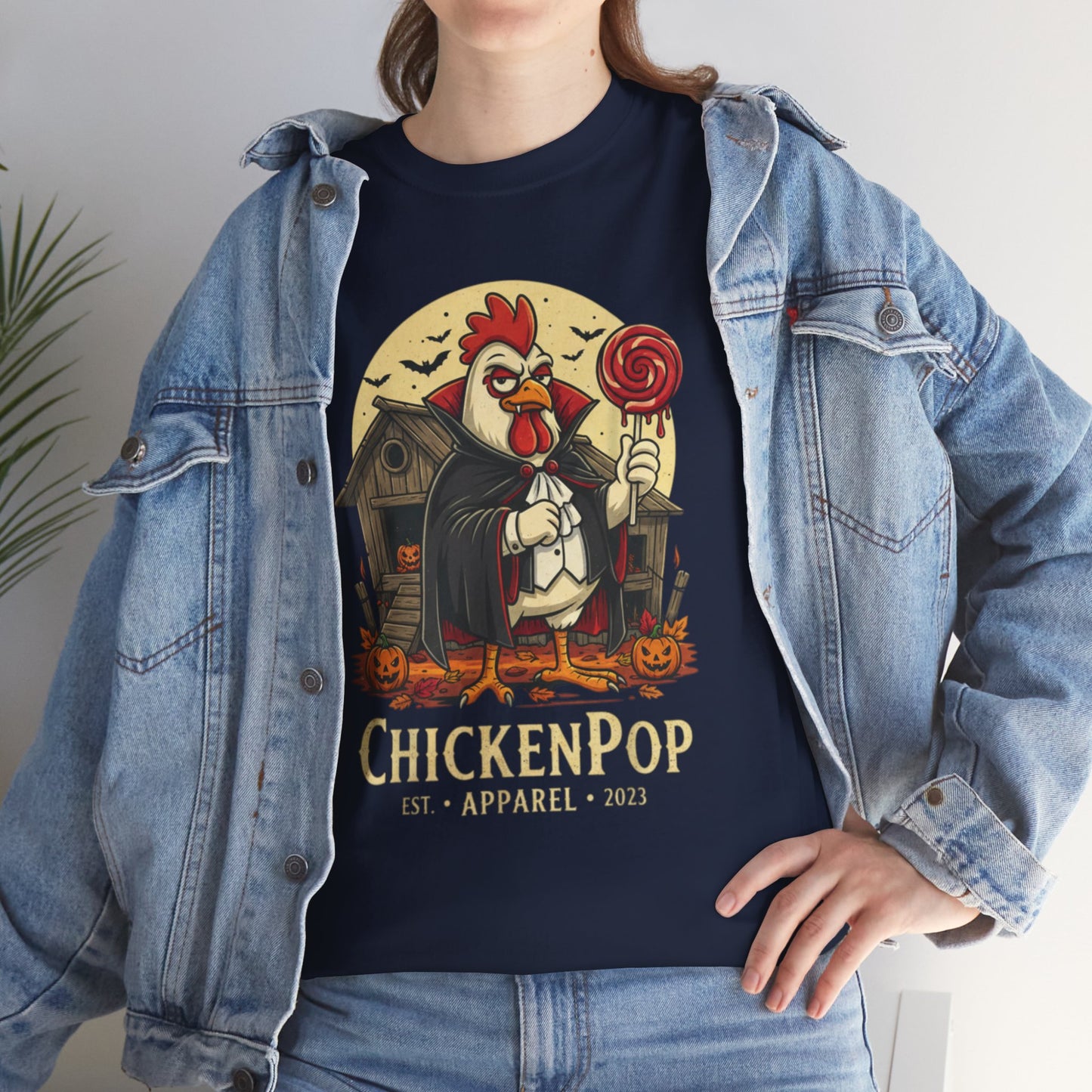 ChickenPop Sucker For a Pop Vampire Rooster Halloween T-Shirt – Funny Spooky Graphic Tee for Fall & Costume Season