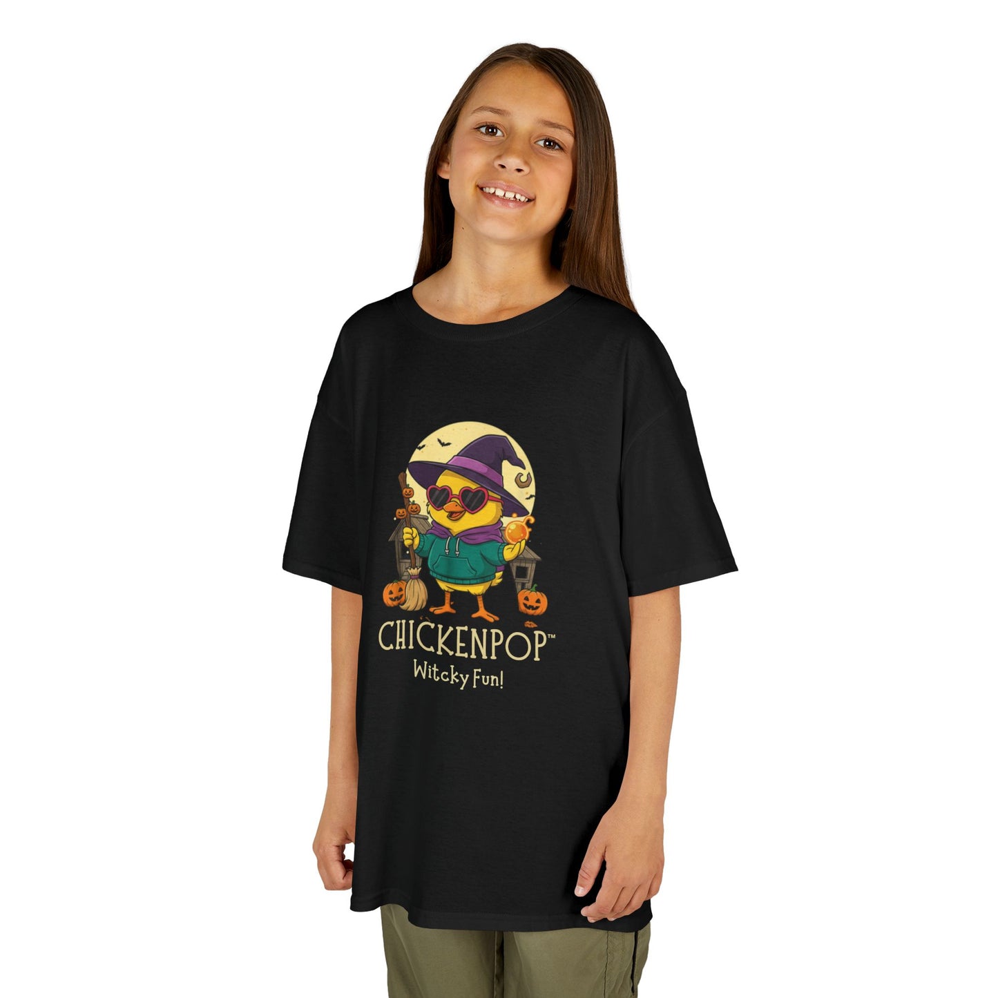 Sunny the Witchy Chick Kid’s Halloween Tee | ChickenPop Lil’ Cluckers Wicktastic Fun Shirt