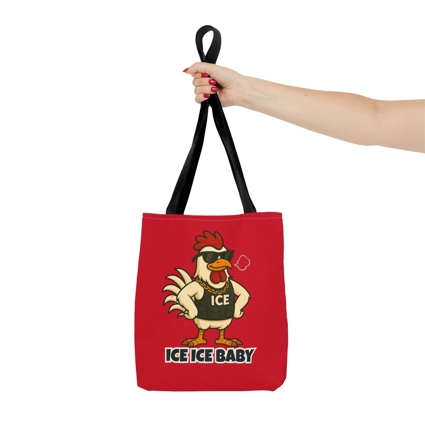 Ice Ice Baby Chicken Tote Bag – Funny Coop Daddy Design, Bold Red Reusable Shopping Bag