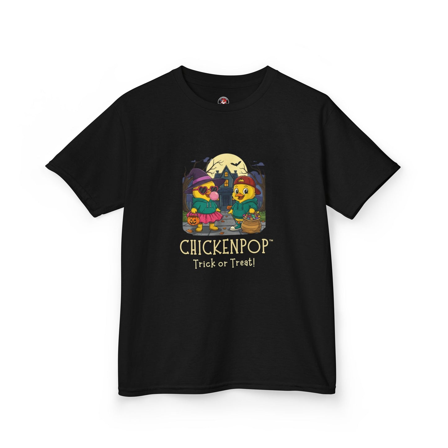 Trick or Treat Kids Halloween Tee | ChickenPop Lil’ Cluckers Sunny & Scramble Halloween Shirt