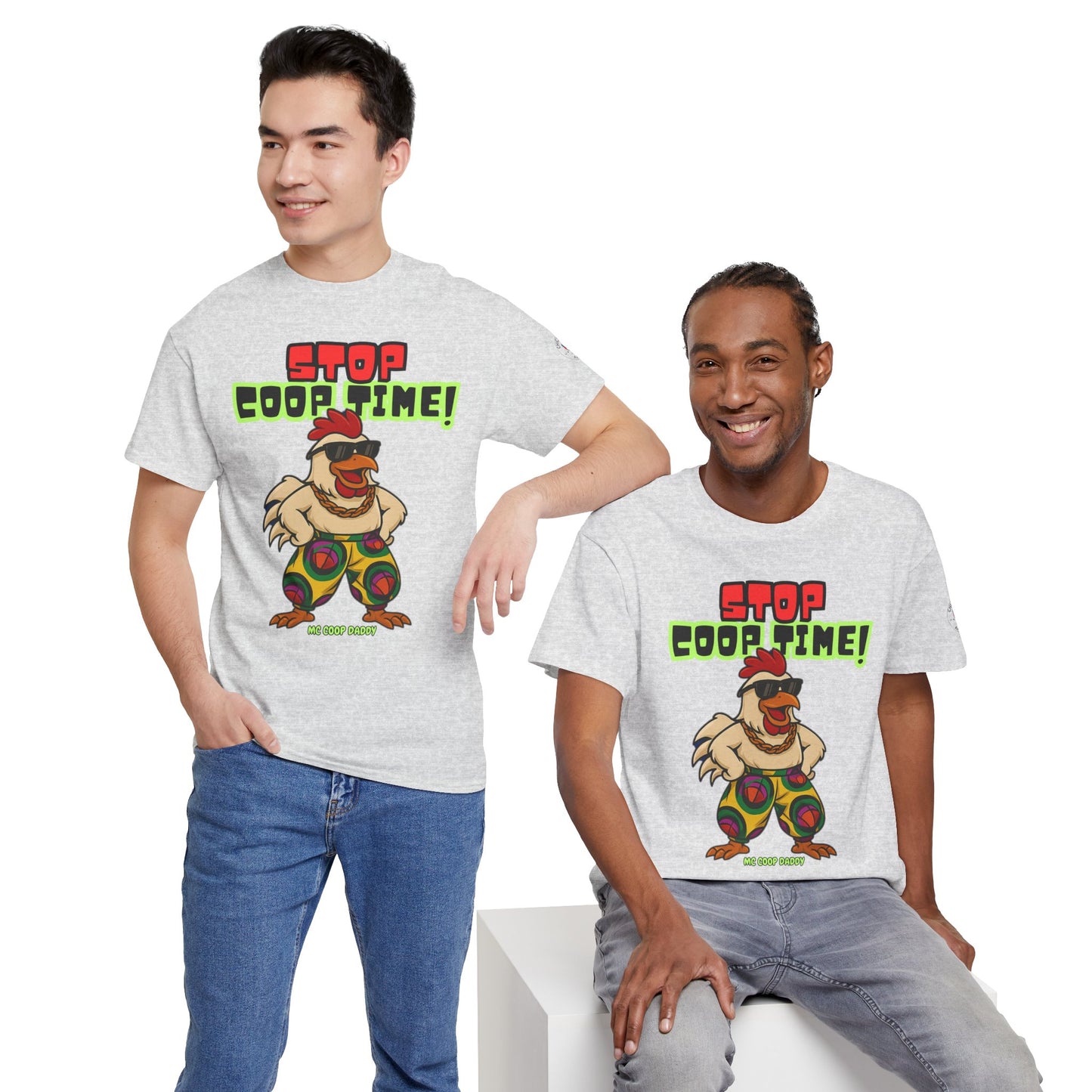 Stop COOP TIME! Funny Chicken T-Shirt – MC Coop Daddy 90s Hip Hop Parody Tee | Unisex Heavy Cotton | ChickenPop Apparel