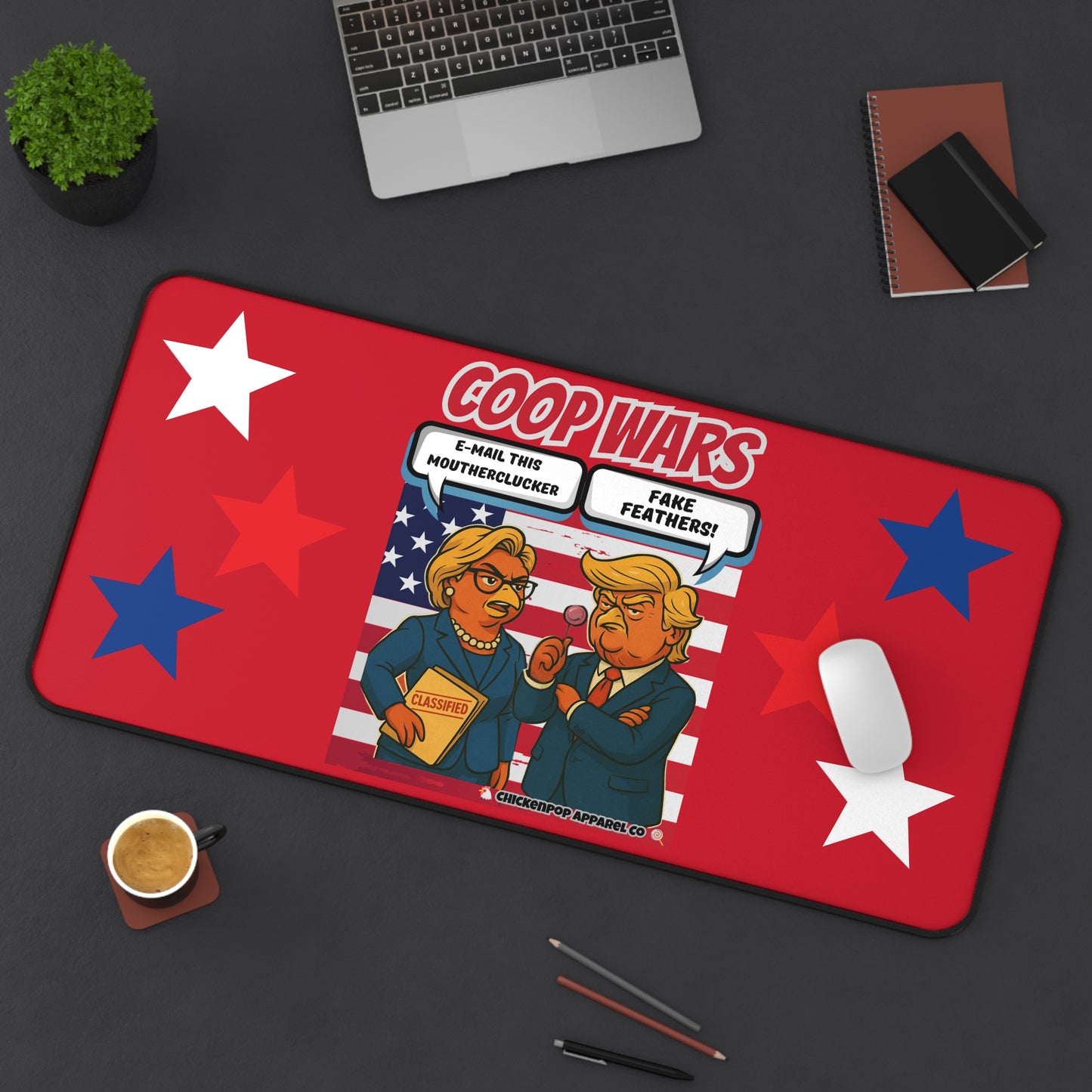 Coop Wars™ Desk Mat – Political Chicken Fight | Hilaregg Cluckton vs. Cock-a-Doodle-Don Office Accessory