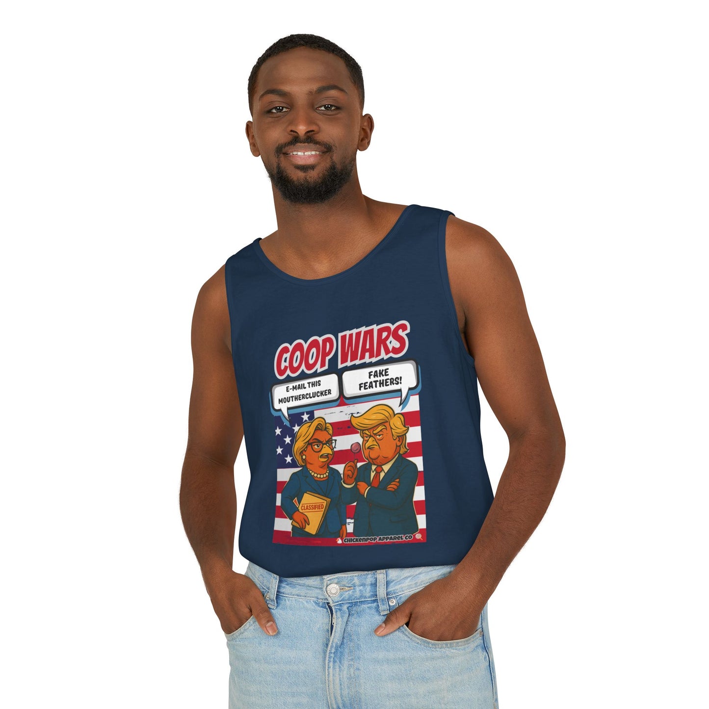 Coop Wars™ Unisex Tank Top – Hilaregg Cluckton vs. Cock-a-Doodle-Don | Political Satire Sleeveless Tee