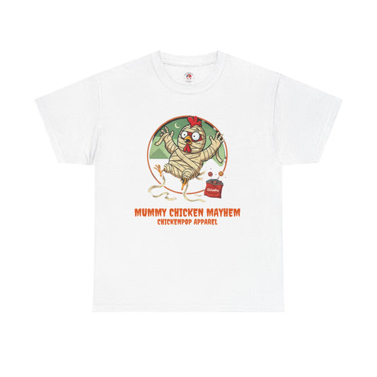ChickenPop Apparel Mummy Chicken Mayhem T-Shirt | Funny Halloween Farm Tee | Spooky Poultry Pun Shirt | Trick-or-Treat Gift