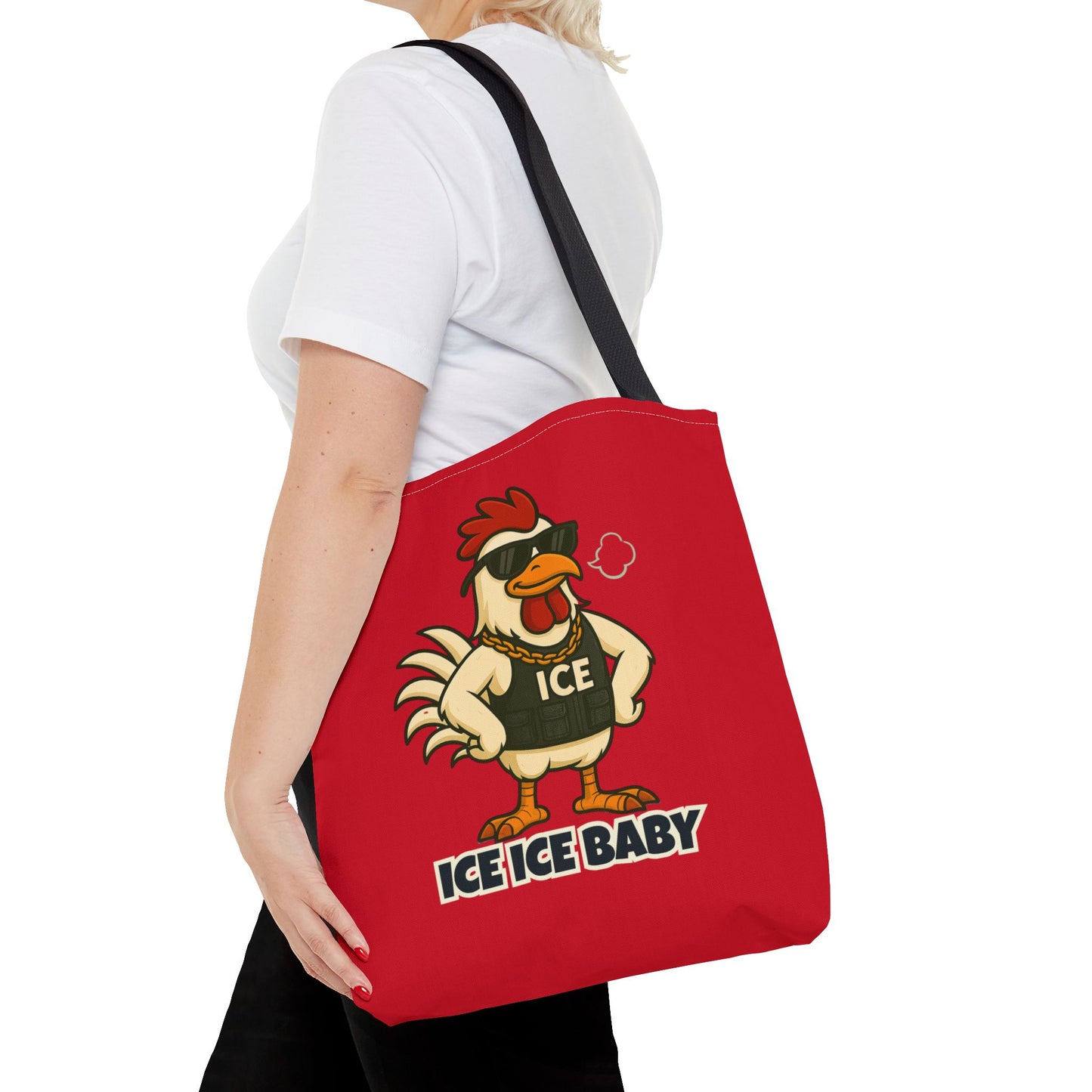 Ice Ice Baby Chicken Tote Bag – Funny Coop Daddy Design, Bold Red Reusable Shopping Bag