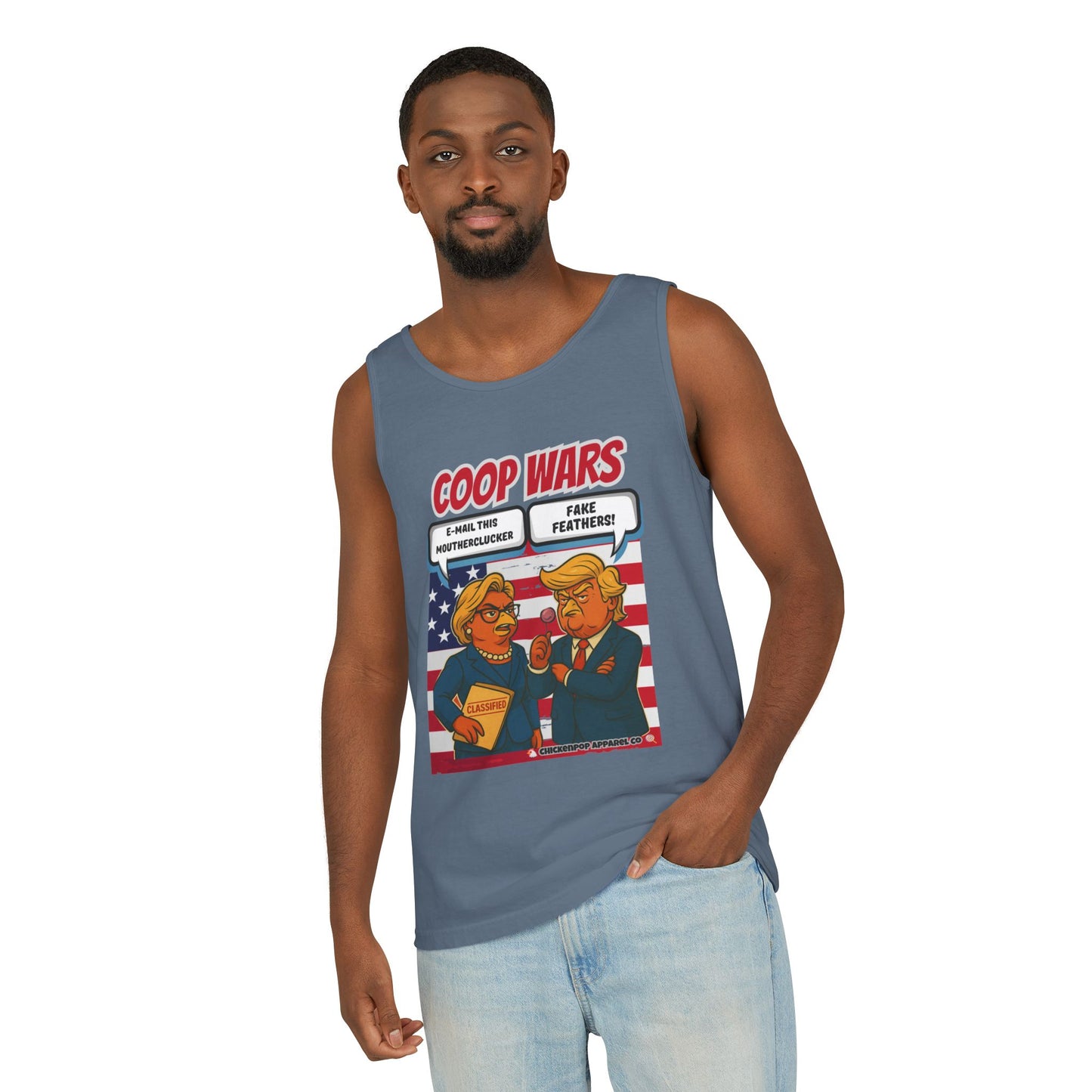 Coop Wars™ Unisex Tank Top – Hilaregg Cluckton vs. Cock-a-Doodle-Don | Political Satire Sleeveless Tee