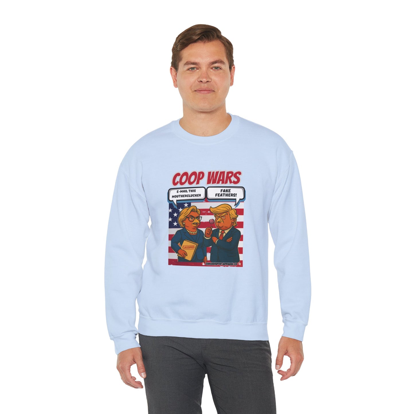Coop Wars Crewneck Sweatshirt – Funny Political Graphic Pullover | Unisex Heavy Blend with ChickenPop Logo | Ethically Made & Cozy Cold-Weather Humor