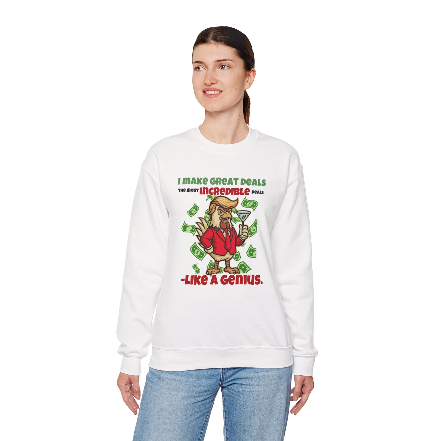 Like A Genius Crewneck Sweatshirt – Funny Political Graphic Pullover | Unisex Heavy Blend with ChickenPop Logo | Ethically Made & Cozy Cold-Weather Humor