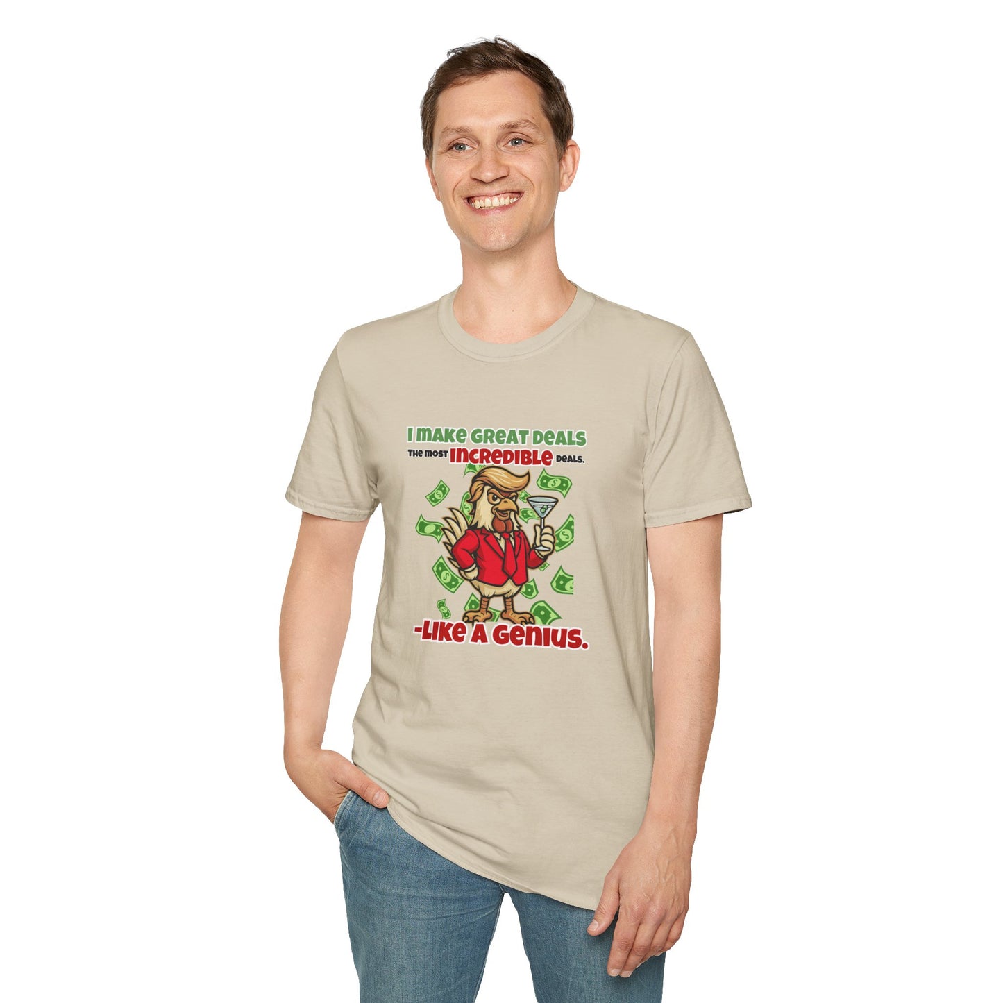 Cock-a-Doodle-Don “Like a Genius” Money Deal Rooster Tee – Funny Political Satire Shirt | ChickenPop Apparel Co.