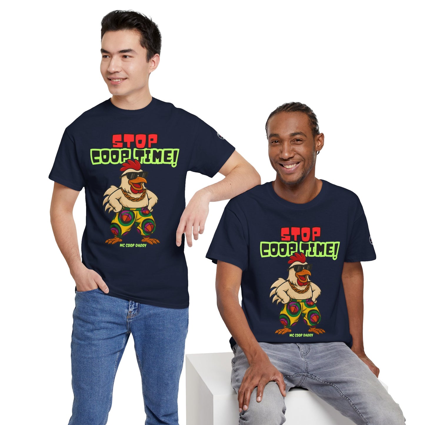 Stop COOP TIME! Funny Chicken T-Shirt – MC Coop Daddy 90s Hip Hop Parody Tee | Unisex Heavy Cotton | ChickenPop Apparel