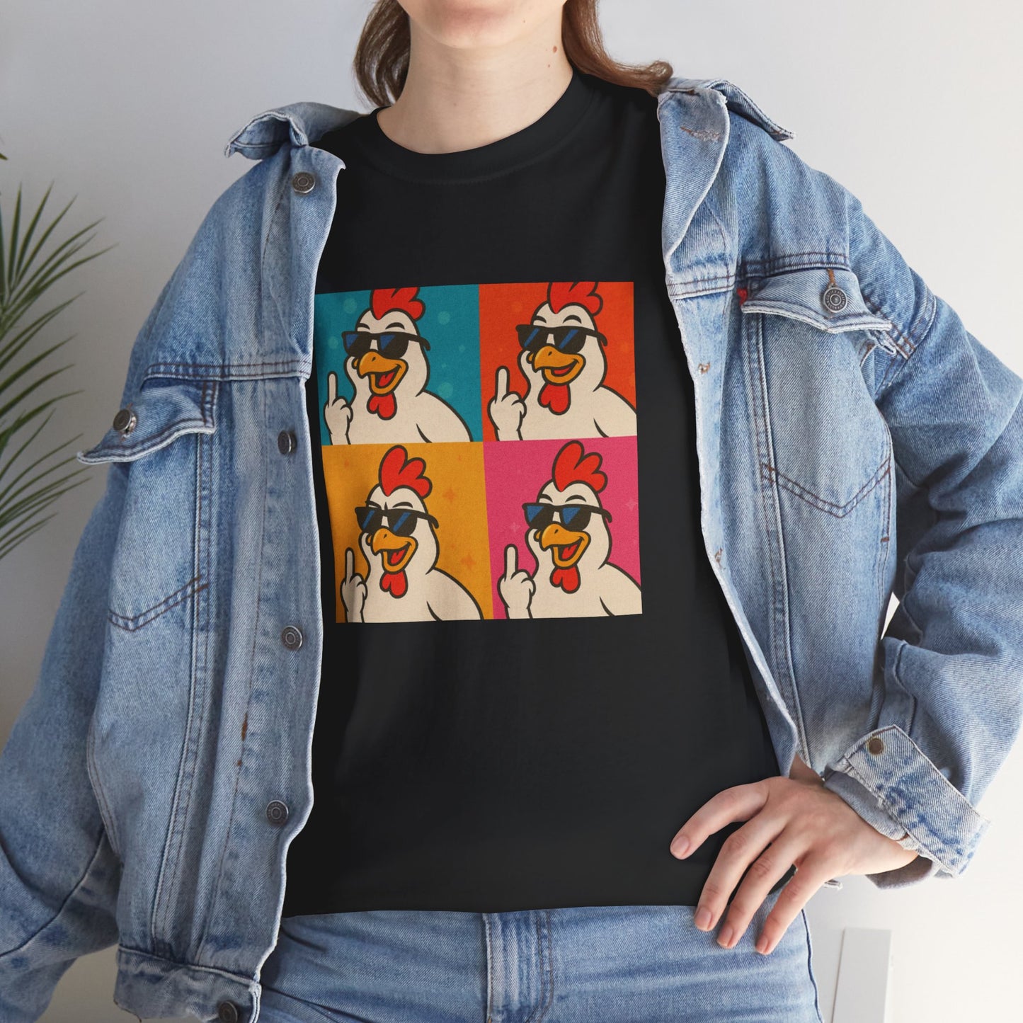Warhol Pop Art Chicken T-Shirt – Funny Coop Daddy Middle Finger Tee for Bold Style