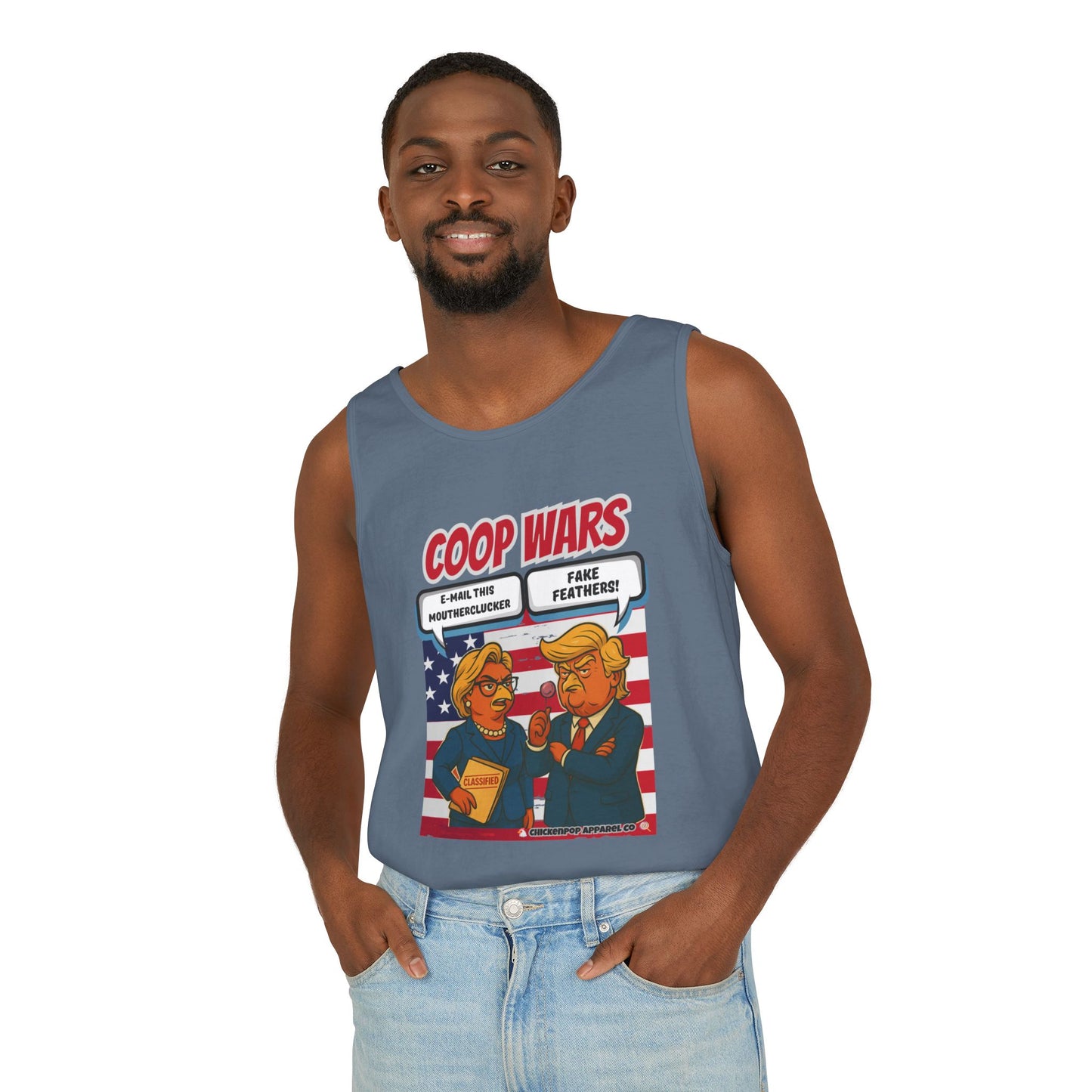 Coop Wars™ Unisex Tank Top – Hilaregg Cluckton vs. Cock-a-Doodle-Don | Political Satire Sleeveless Tee