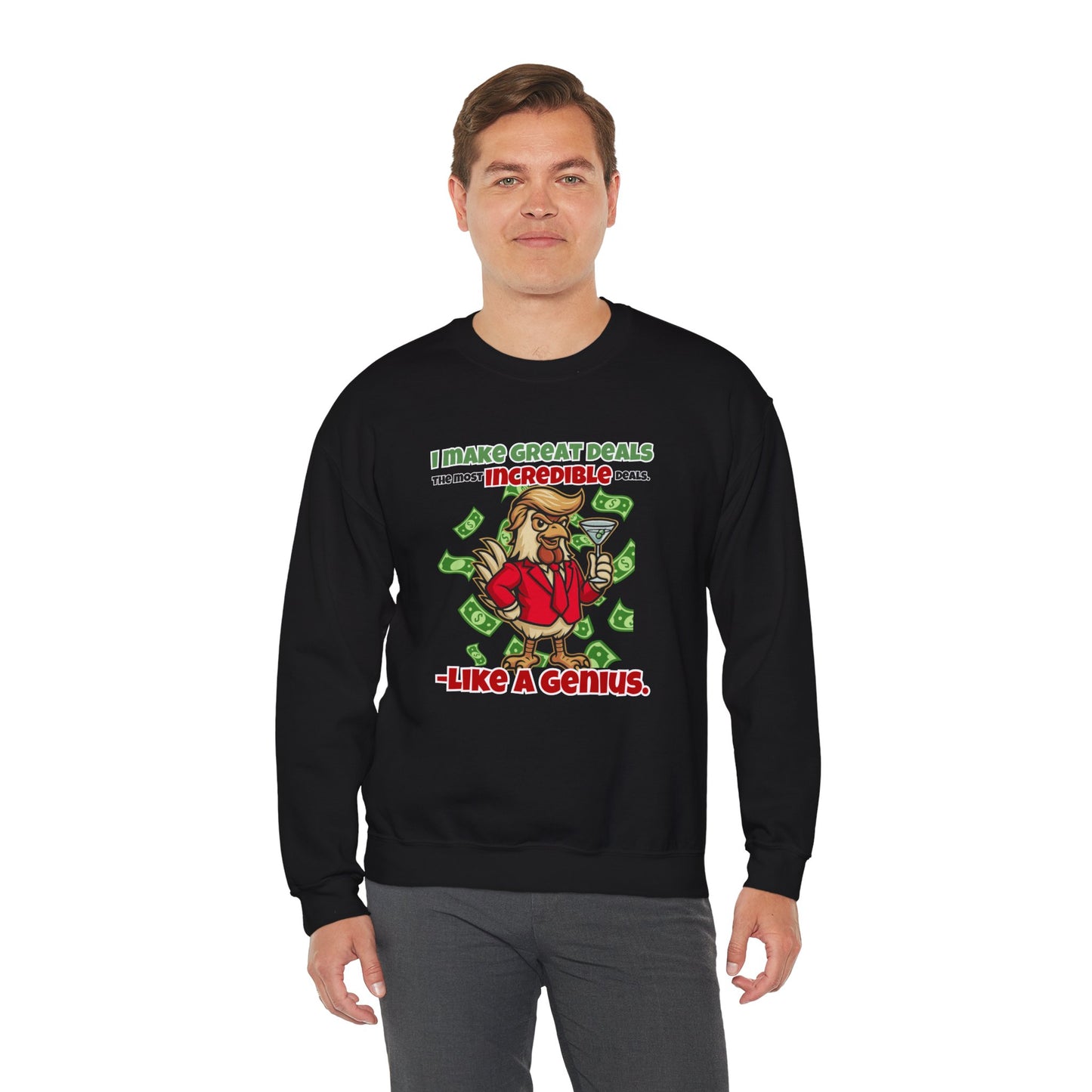 Like A Genius Crewneck Sweatshirt – Funny Political Graphic Pullover | Unisex Heavy Blend with ChickenPop Logo | Ethically Made & Cozy Cold-Weather Humor