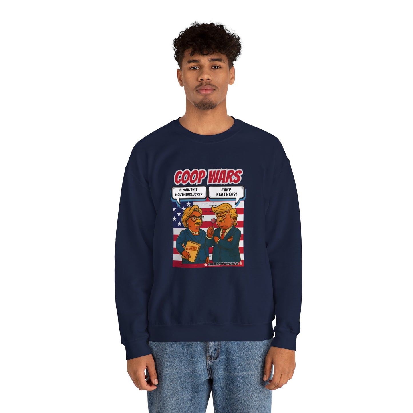 Coop Wars Crewneck Sweatshirt – Funny Political Graphic Pullover | Unisex Heavy Blend with ChickenPop Logo | Ethically Made & Cozy Cold-Weather Humor