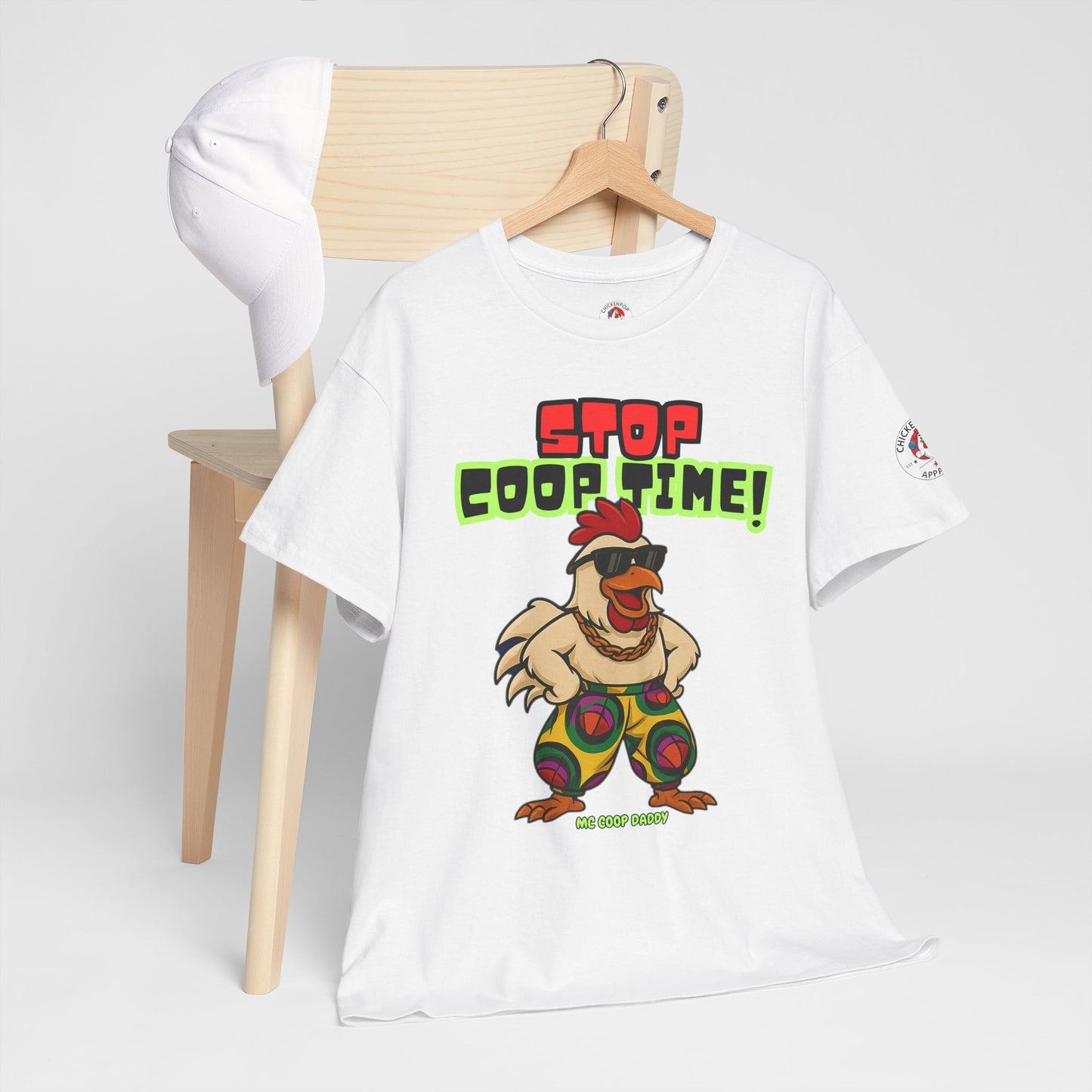 Stop COOP TIME! Funny Chicken T-Shirt – MC Coop Daddy 90s Hip Hop Parody Tee | Unisex Heavy Cotton | ChickenPop Apparel