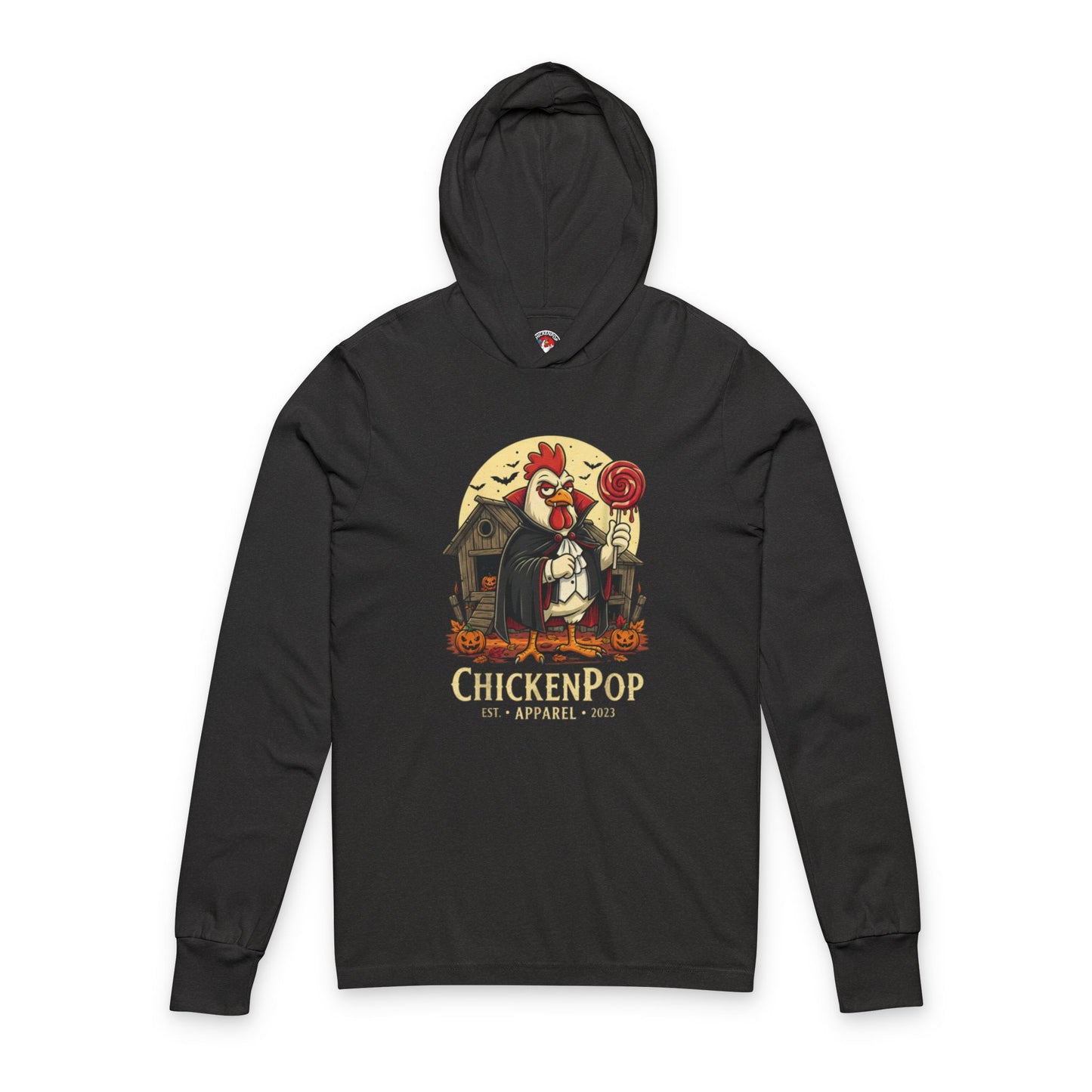 ChickenPop Vampire Rooster Halloween T-Shirt – Funny Spooky Graphic Long Sleeve Hooded, Tee for Fall & Costume Season UNISEX