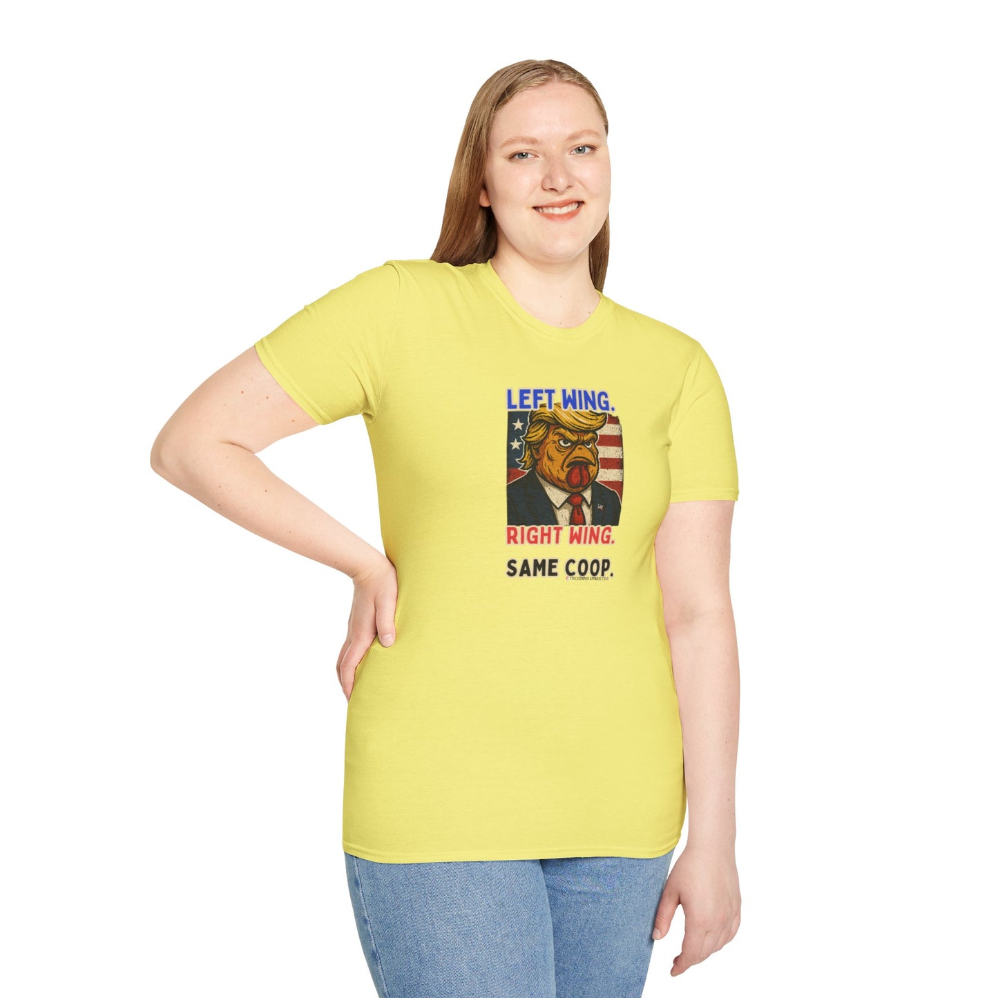Cock-a-Doodle-Don "Left Wing. Right Wing. Same Coop." Political Satire Tee – Unisex Graphic T-Shirt