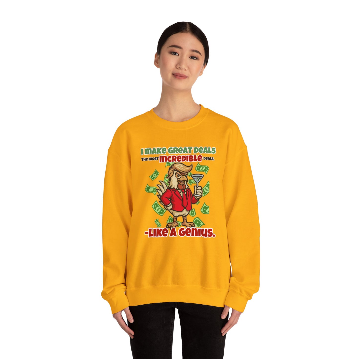 Like A Genius Crewneck Sweatshirt – Funny Political Graphic Pullover | Unisex Heavy Blend with ChickenPop Logo | Ethically Made & Cozy Cold-Weather Humor